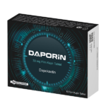 "Daporin 30 mg 6 tablet kutusu, dapoksetin hidroklorür içeren film kaplı tablet ilacı, beyaz zemin üzerinde mavi ve yeşil tonlarda ambalaj tasarımı, ürün bilgileri ve marka logosu ile"