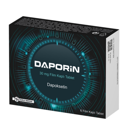 "Daporin 30 mg 6 tablet kutusu, dapoksetin hidroklorür içeren film kaplı tablet ilacı, beyaz zemin üzerinde mavi ve yeşil tonlarda ambalaj tasarımı, ürün bilgileri ve marka logosu ile"